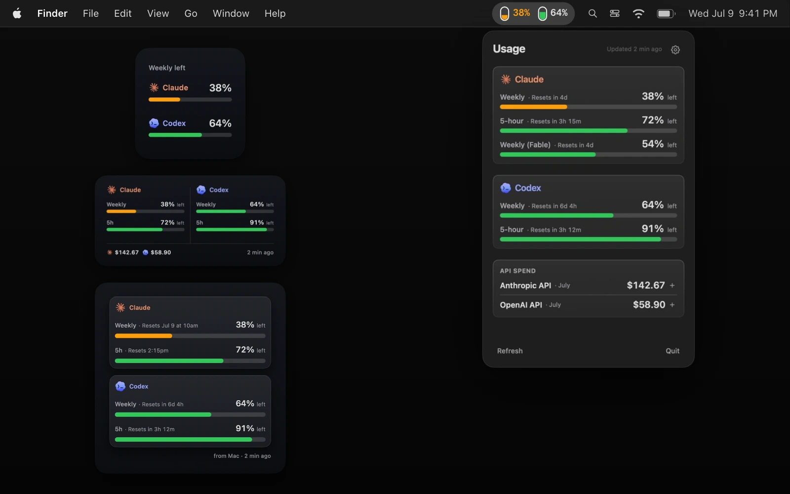 Headroom macOS popover beside its small, medium, and large Claude and Codex usage widgets