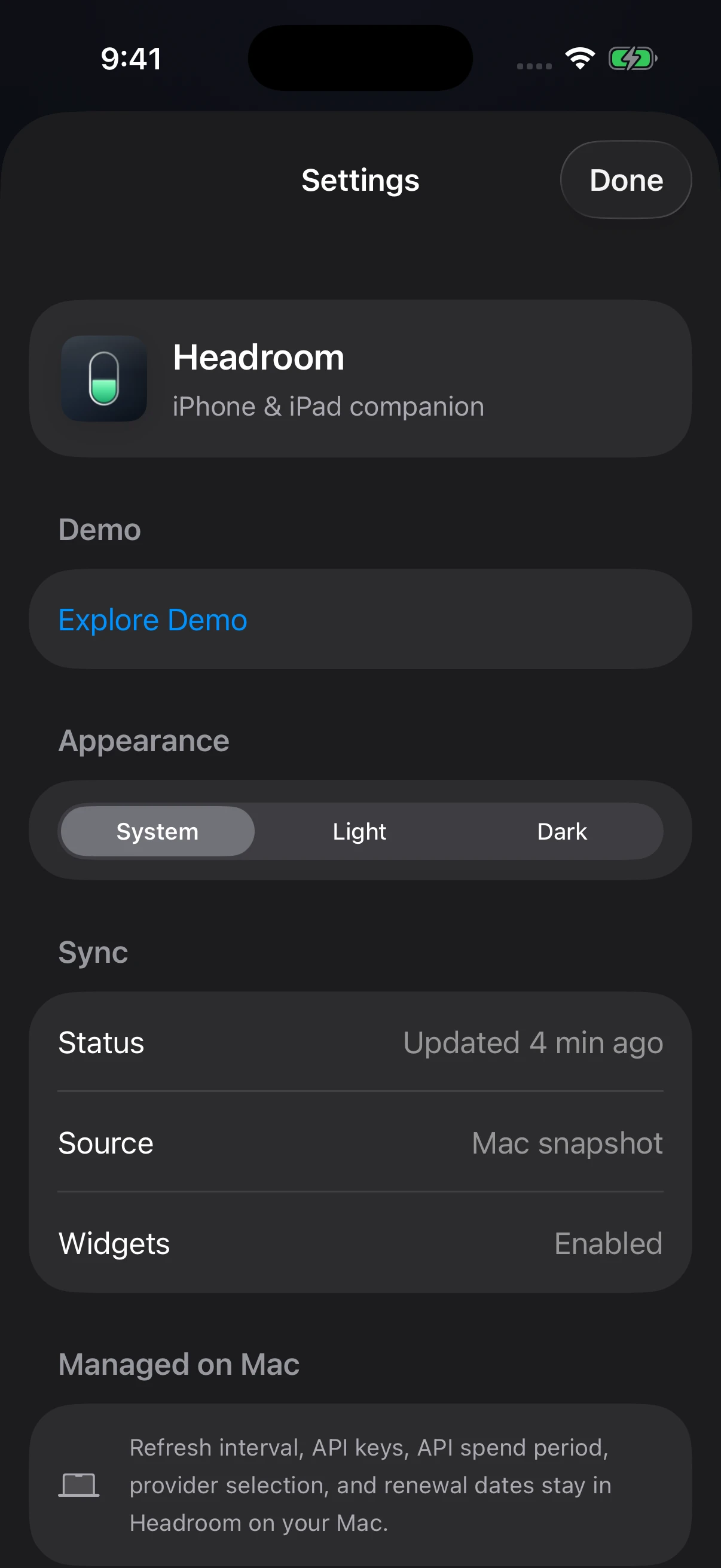 Headroom iPhone settings showing appearance options beside sync status, a Mac snapshot source, and enabled widgets