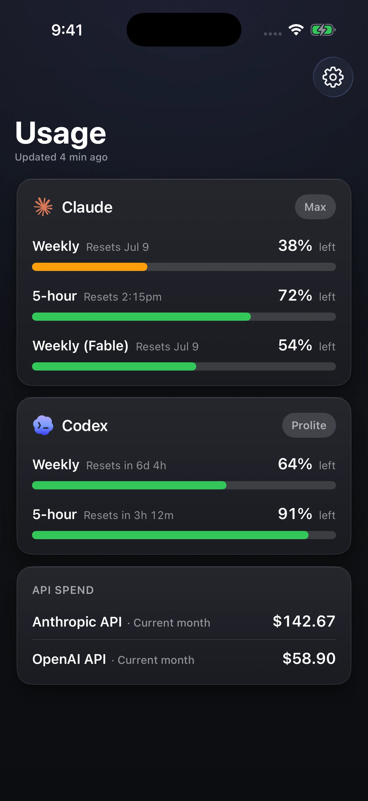 Headroom iPhone usage view showing Claude weekly, 5-hour, and Fable limits, Codex weekly and 5-hour limits, reset times, and monthly API spend