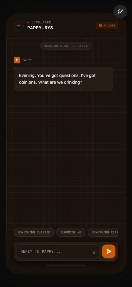 Pappy's conversation UI — chat interface with Pappy's bartender personality greeting the user