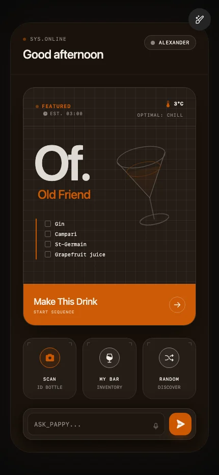 Pappy home screen with featured cocktail and inspiration prompts