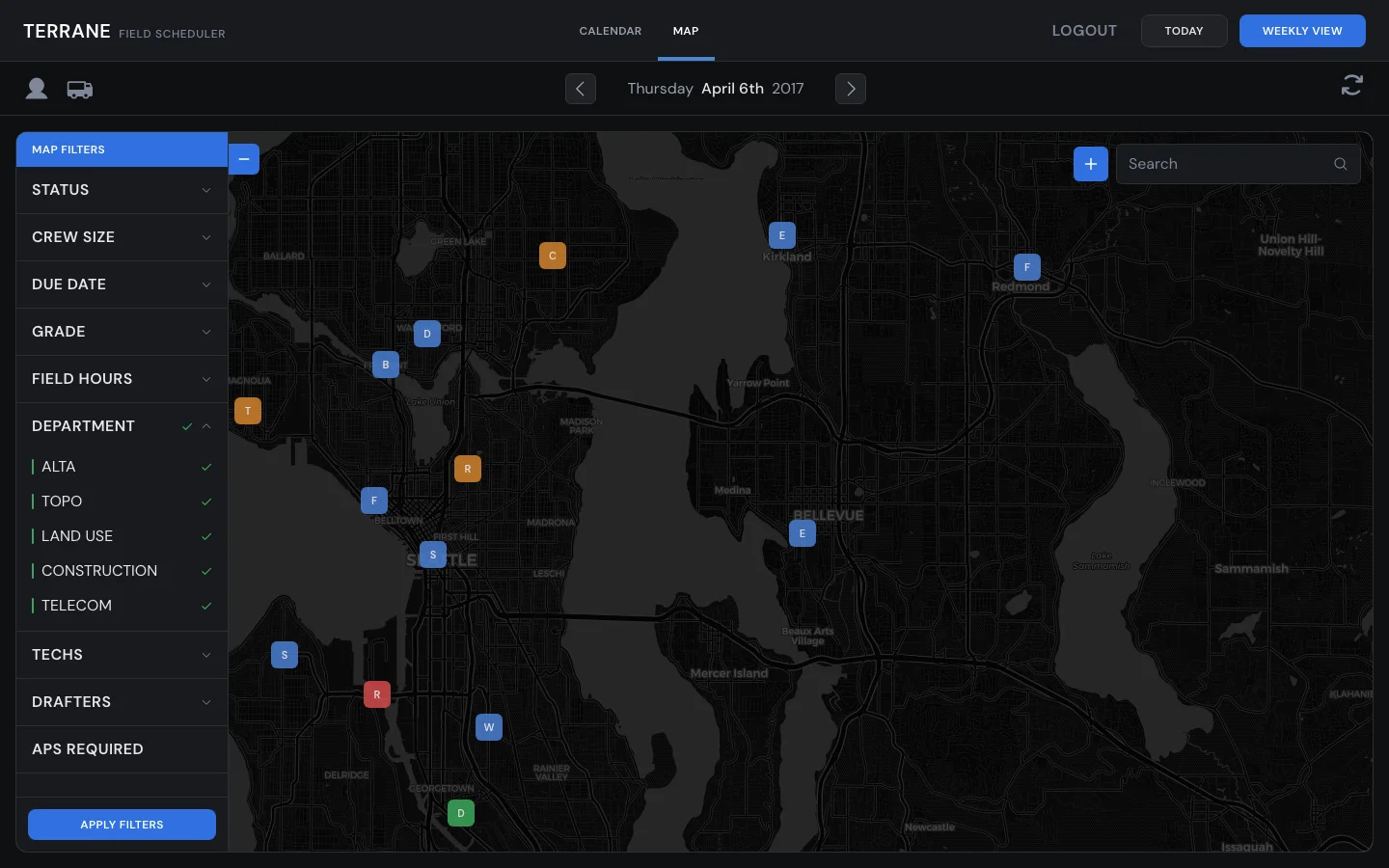 Map view with status-colored pins for each job site across the Seattle metro area, with filter panel