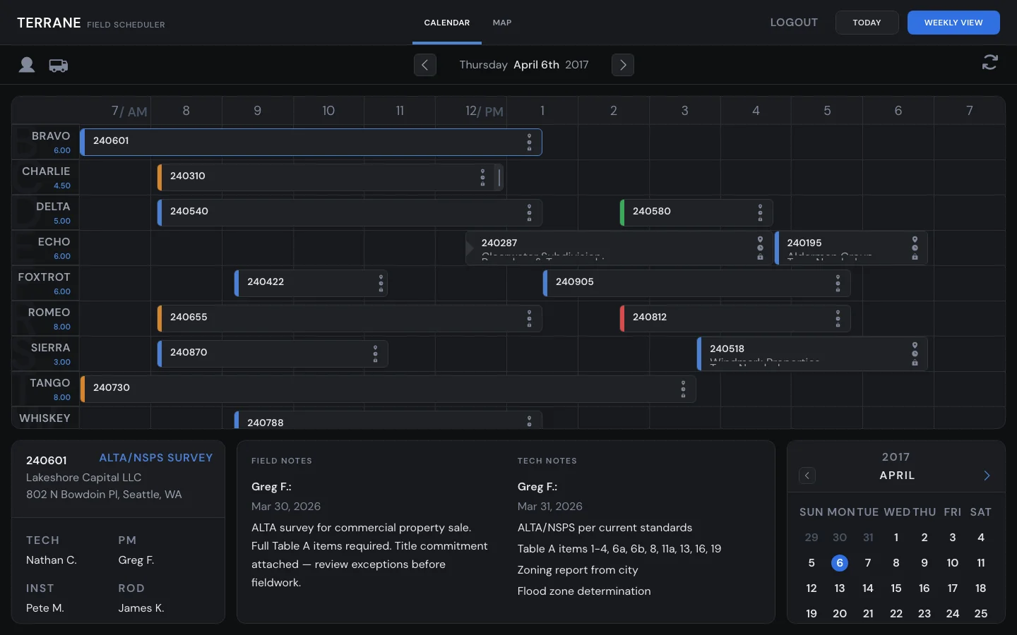 Desktop scheduler with Gantt-style timeline, crew assignments, and job detail panel — the flagship app